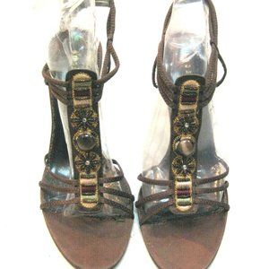 Apostrophe Reggae Brown Satin Strappy High Heel Sandals Beads Size 9.5